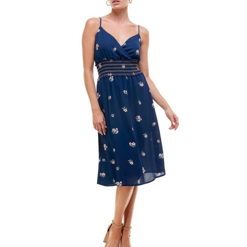 🚨NEW ROWA Blue Floral Smocked Waist Midi Dress Size Large